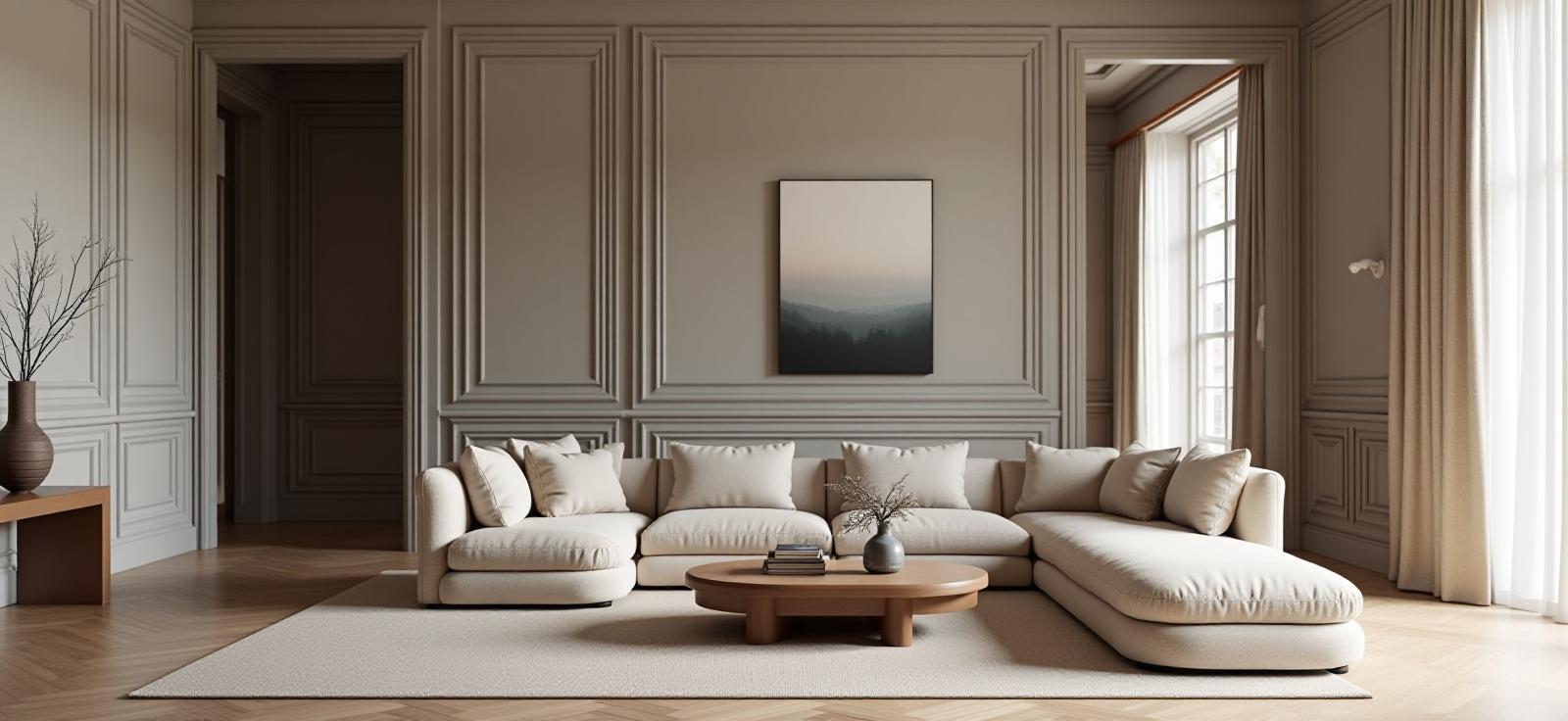 Modern French interior with elegant tones, central living space and curated furniture