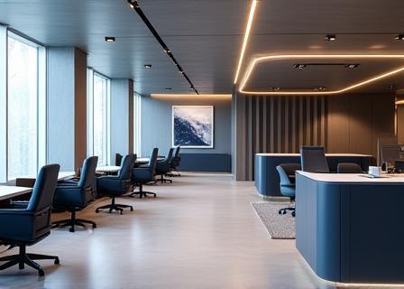 Modern office with custom lighting and high-end finishes