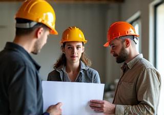 Designer meeting with contractors and renovation site
